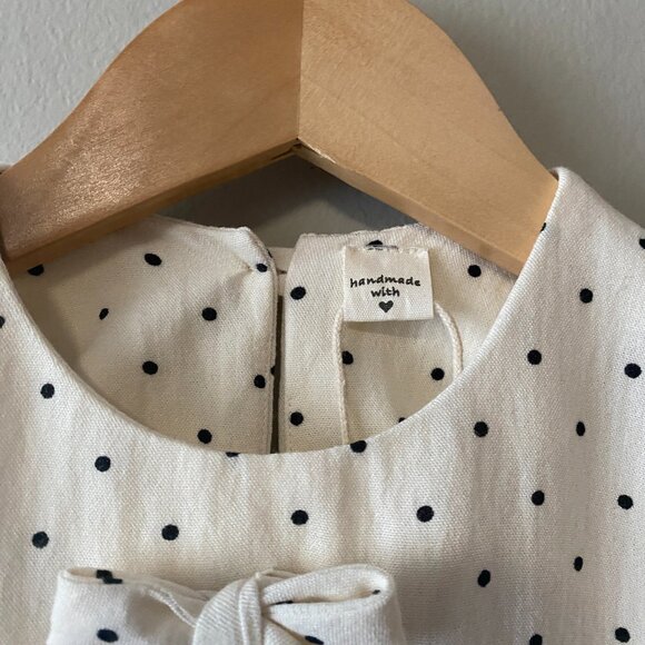 Handmade Children's Black Off White Polka Dot 100% Cotton Front Bows Dress - Picture 3 of 14